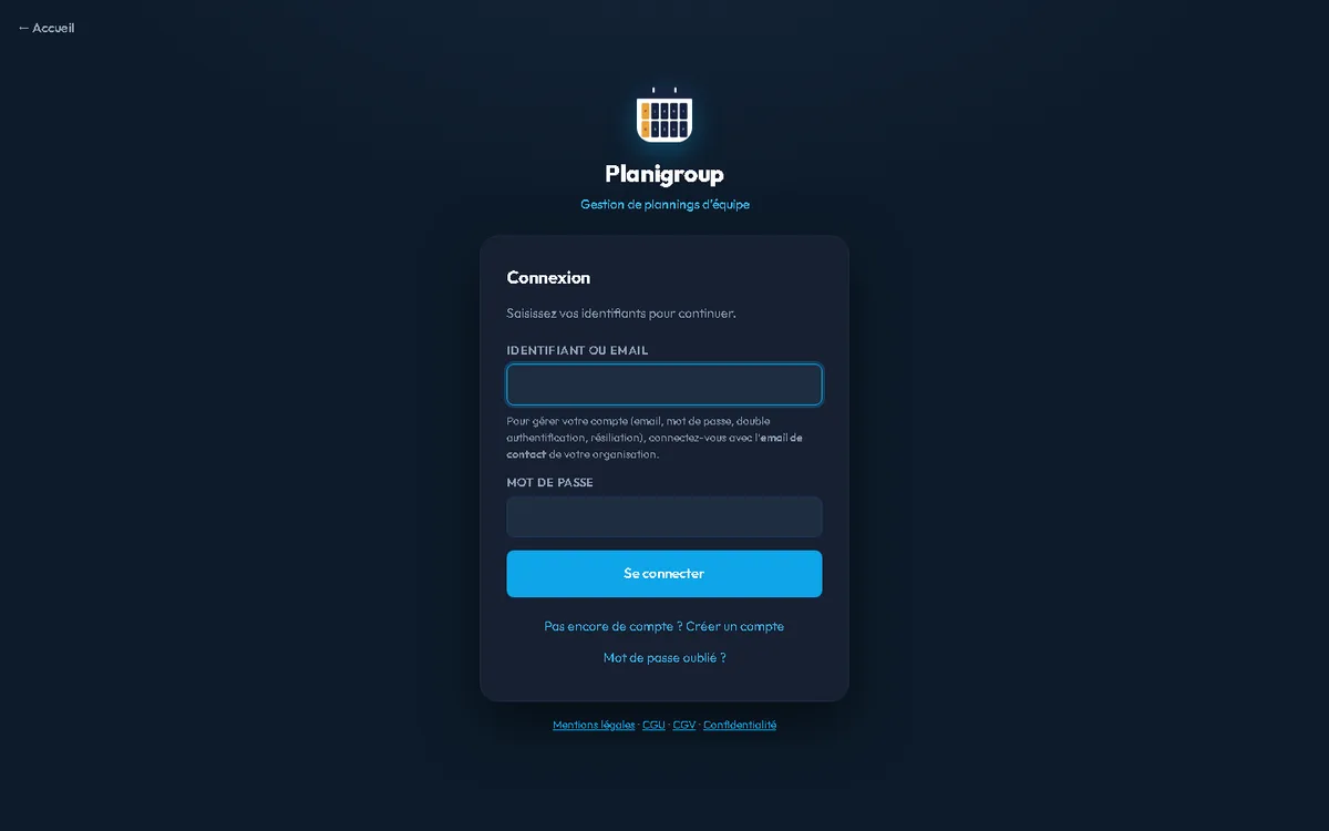 Écran de connexion Planigroup