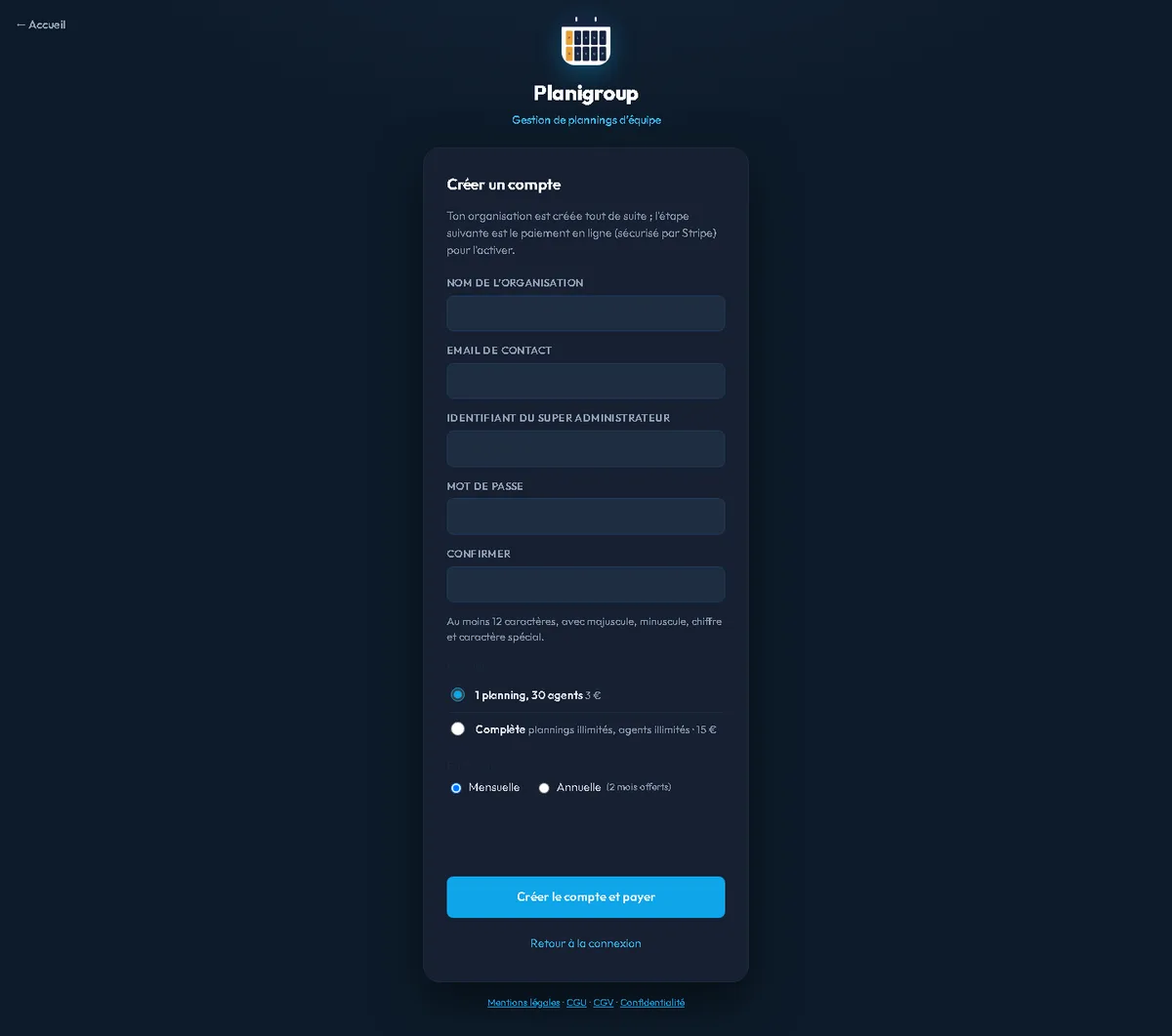Formulaire de création de compte Planigroup