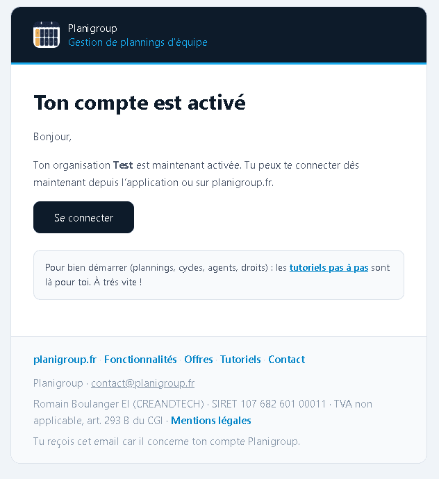 Courriel confirmant l'activation du compte