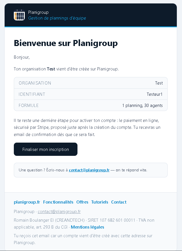 Courriel de bienvenue récapitulant le compte créé