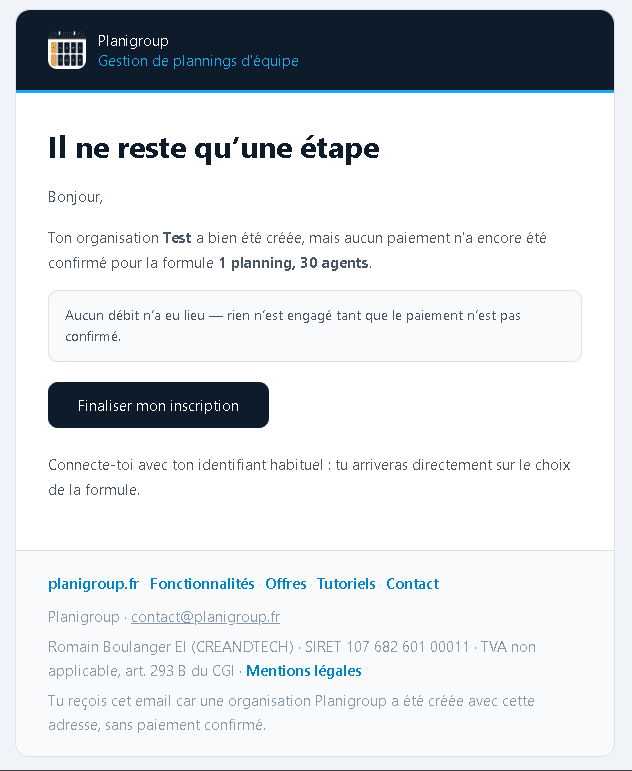 Courriel de rappel lorsque le paiement n'a pas été confirmé