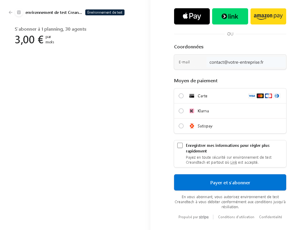 Page de paiement Stripe avec la formule et les moyens de paiement