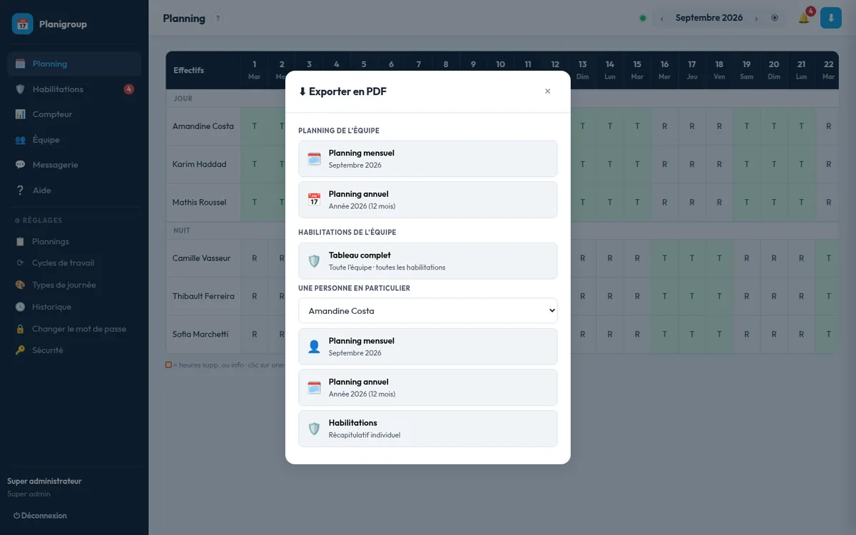 Fenêtre d'export PDF avec les plannings et habilitations de l'équipe ou d'une personne