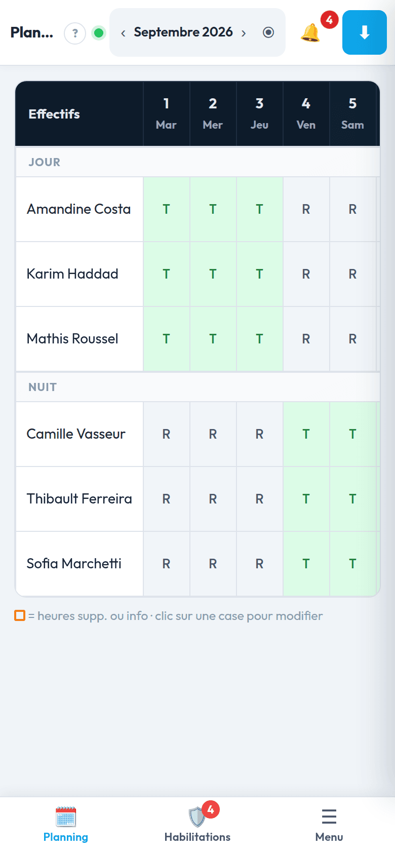 La grille du planning sur un téléphone, avec la barre Planning, Habilitations, Menu en bas