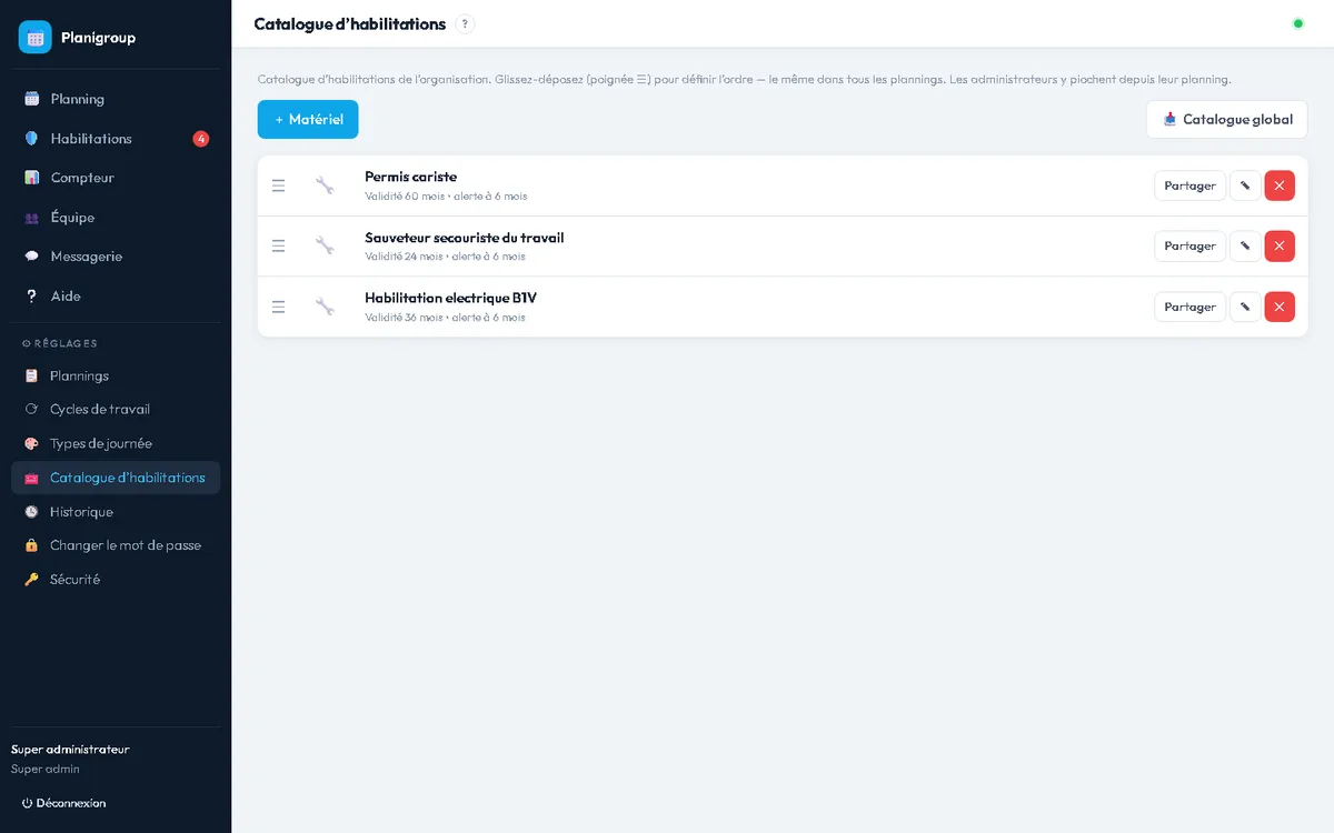 Catalogue d'habilitations de l'organisation
