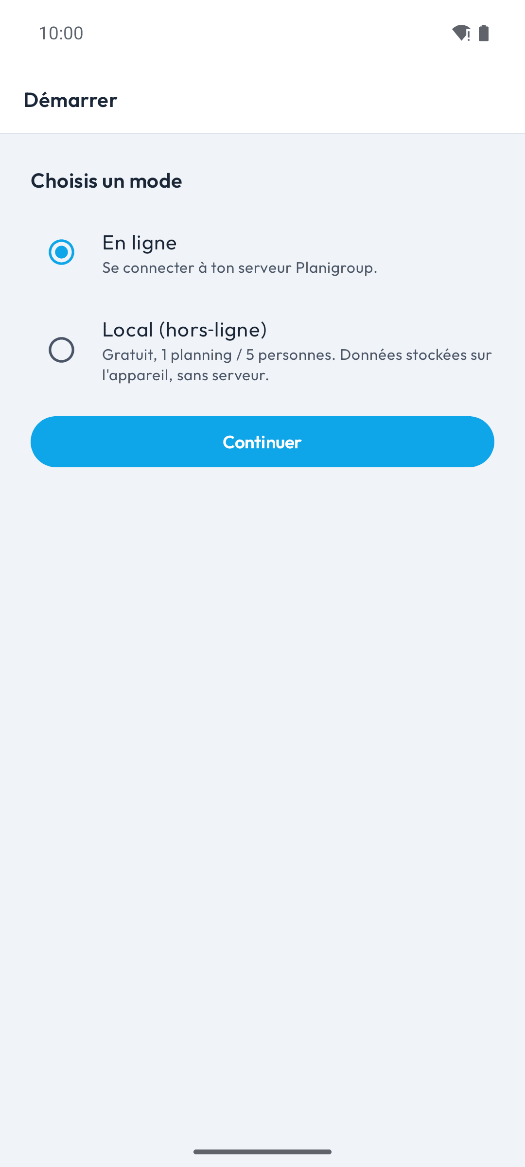 Écran Démarrer proposant le mode En ligne ou le mode Local