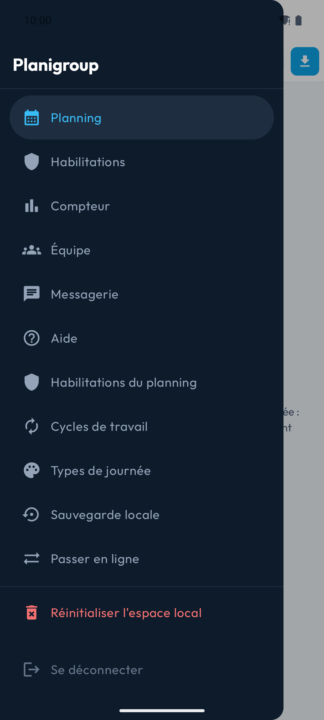 Tiroir de navigation en mode local