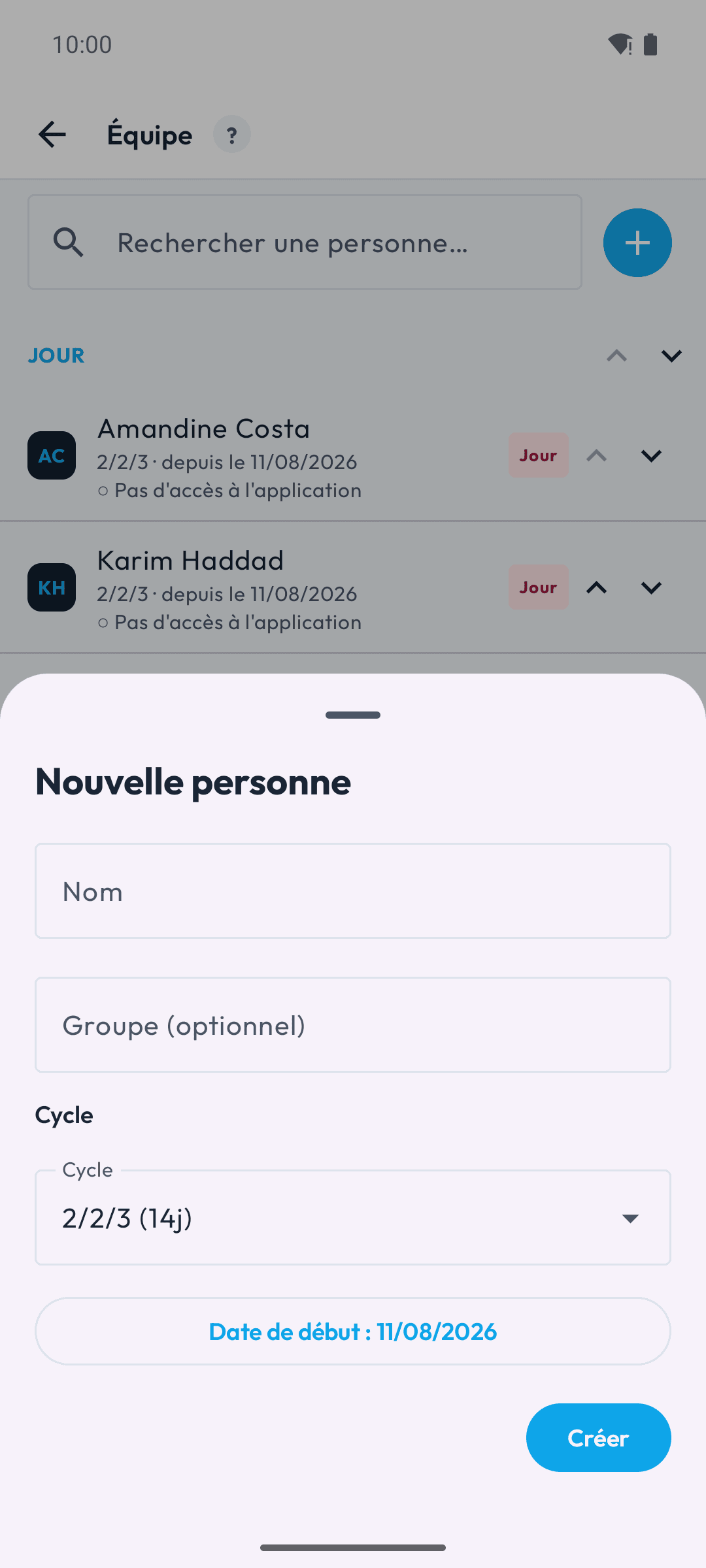 Formulaire de création d'une personne