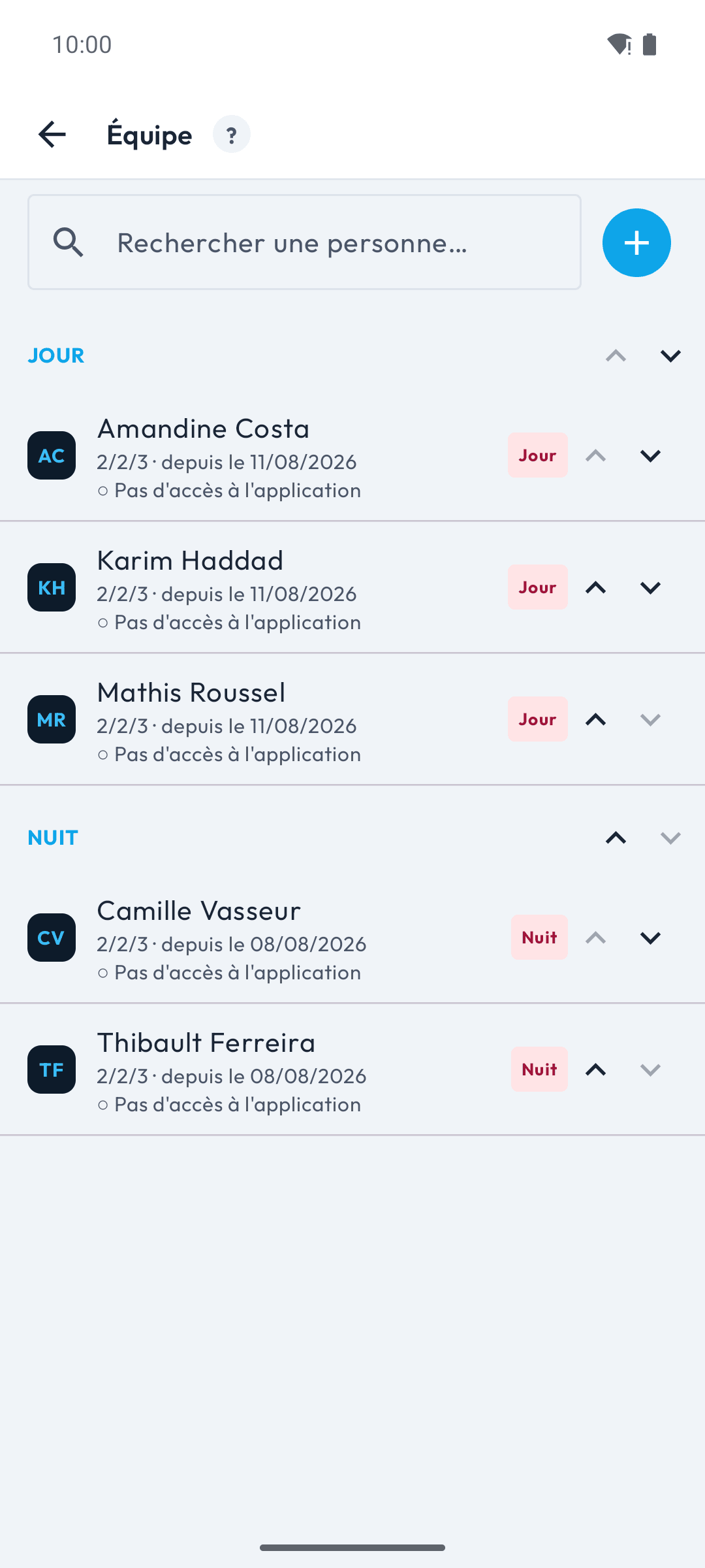 Liste de l'équipe répartie en deux groupes
