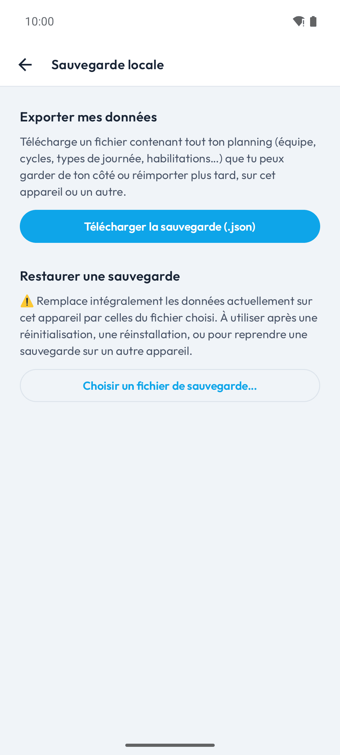 Écran de sauvegarde et de restauration locale