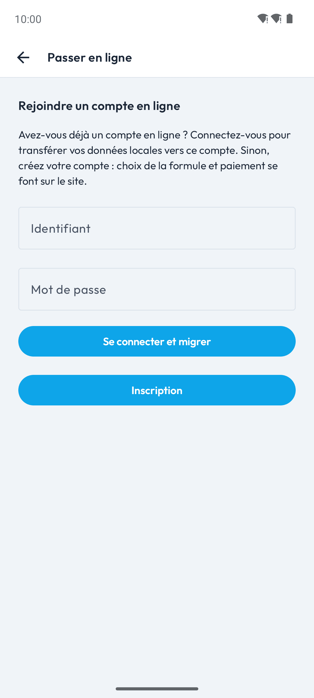 Écran Passer en ligne proposant de se connecter pour migrer ou de s'inscrire