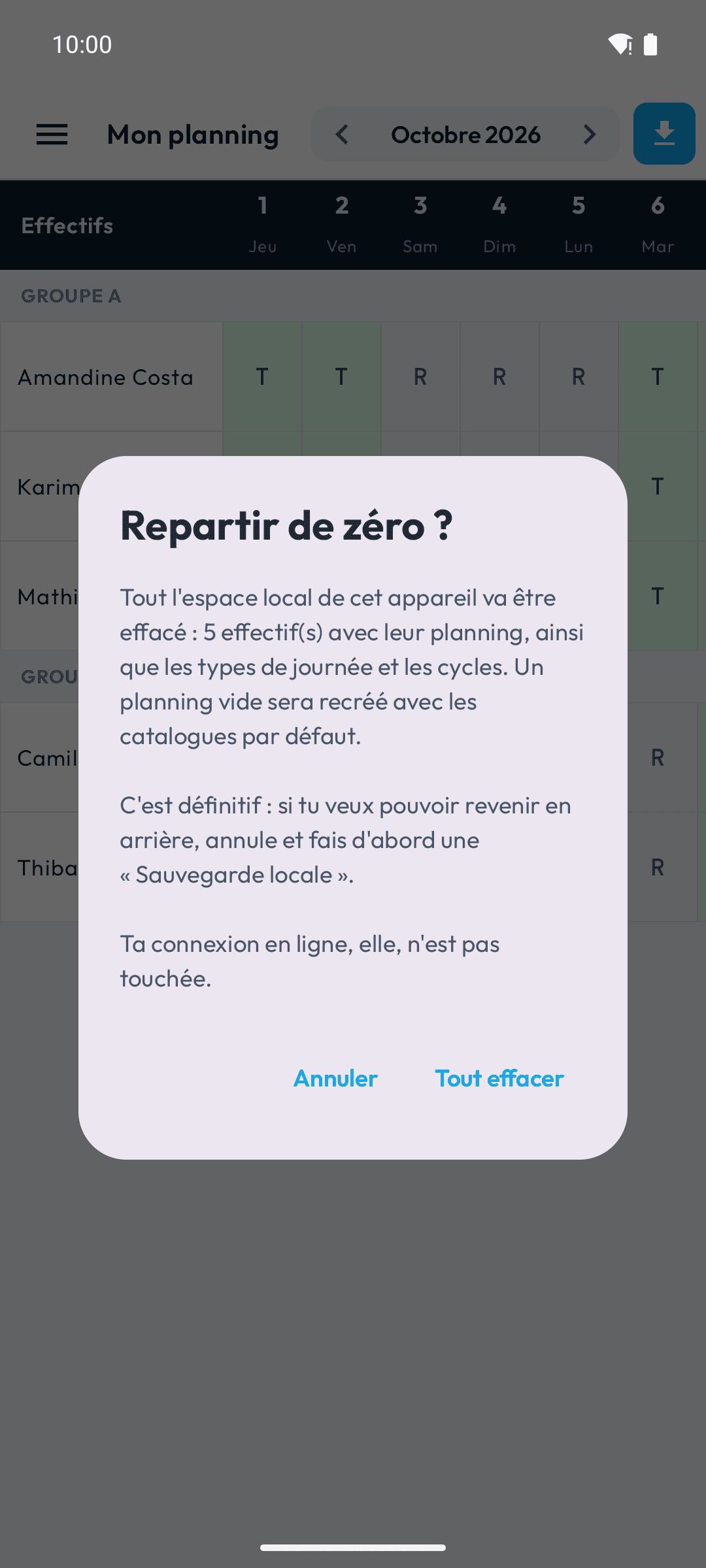 Demande de confirmation avant réinitialisation de l'espace local