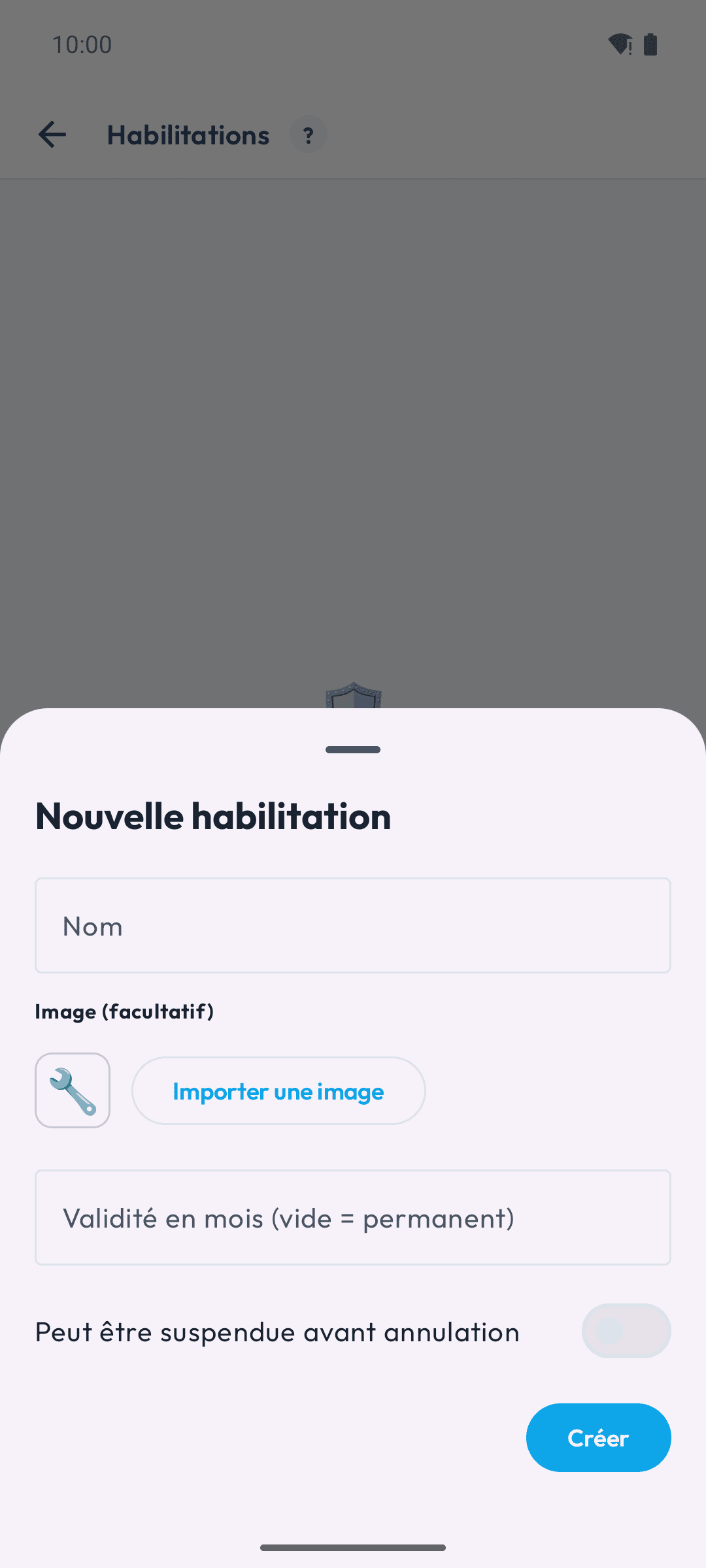 Formulaire de création d'une habilitation