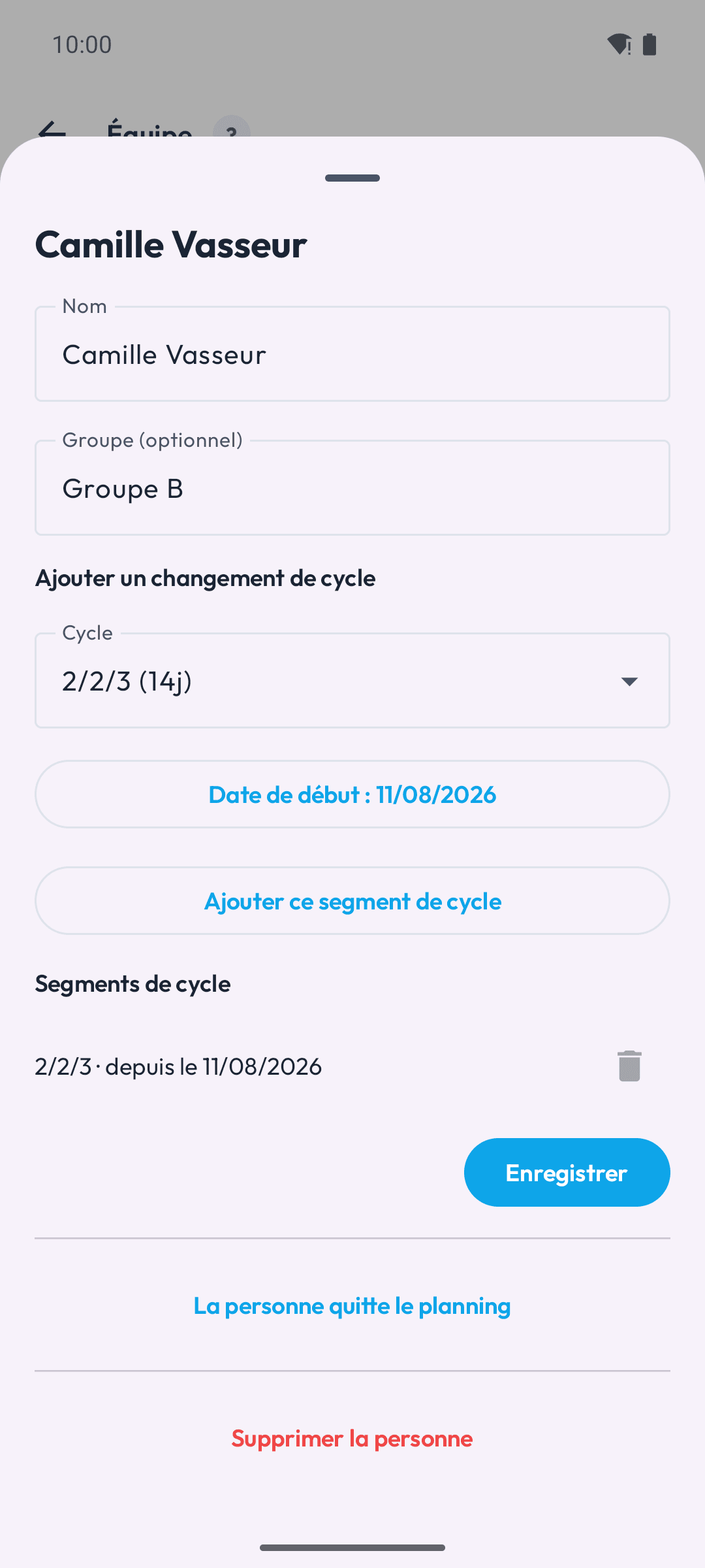 Fiche d'une personne avec ses segments de cycle