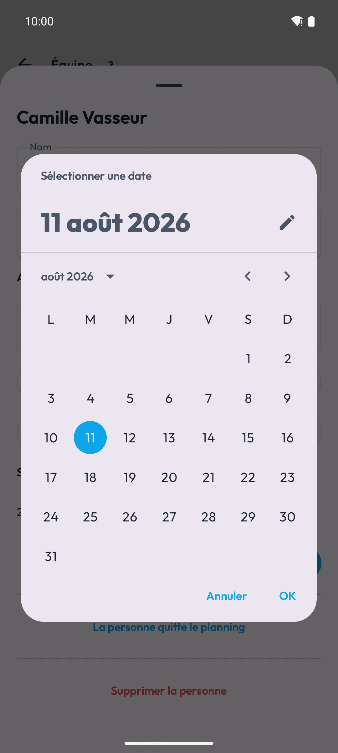 Sélecteur de date pour le début d'un segment de cycle