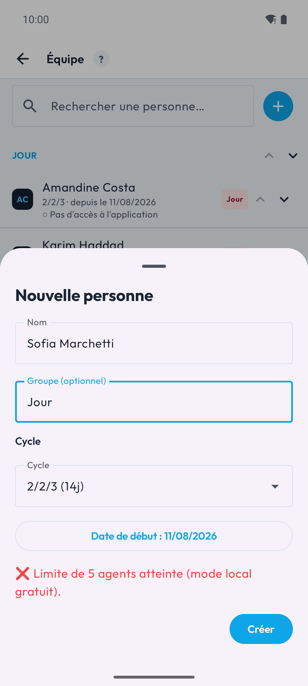Message indiquant que la limite de cinq personnes est atteinte