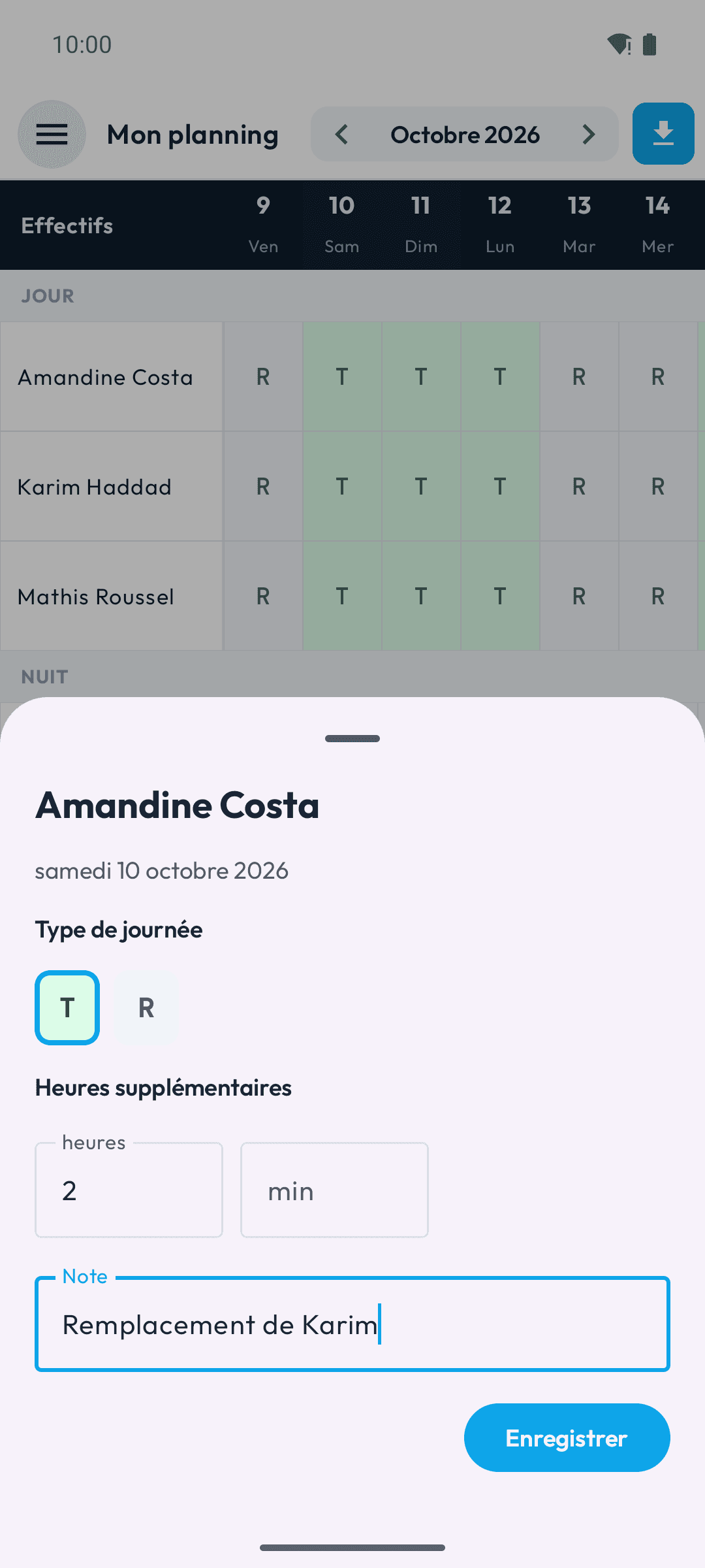 Feuille d'édition d'une journée avec type, heures supplémentaires et note