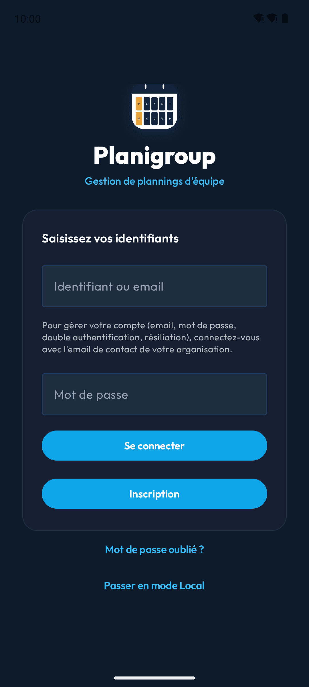 Écran de connexion de l'application en mode en ligne