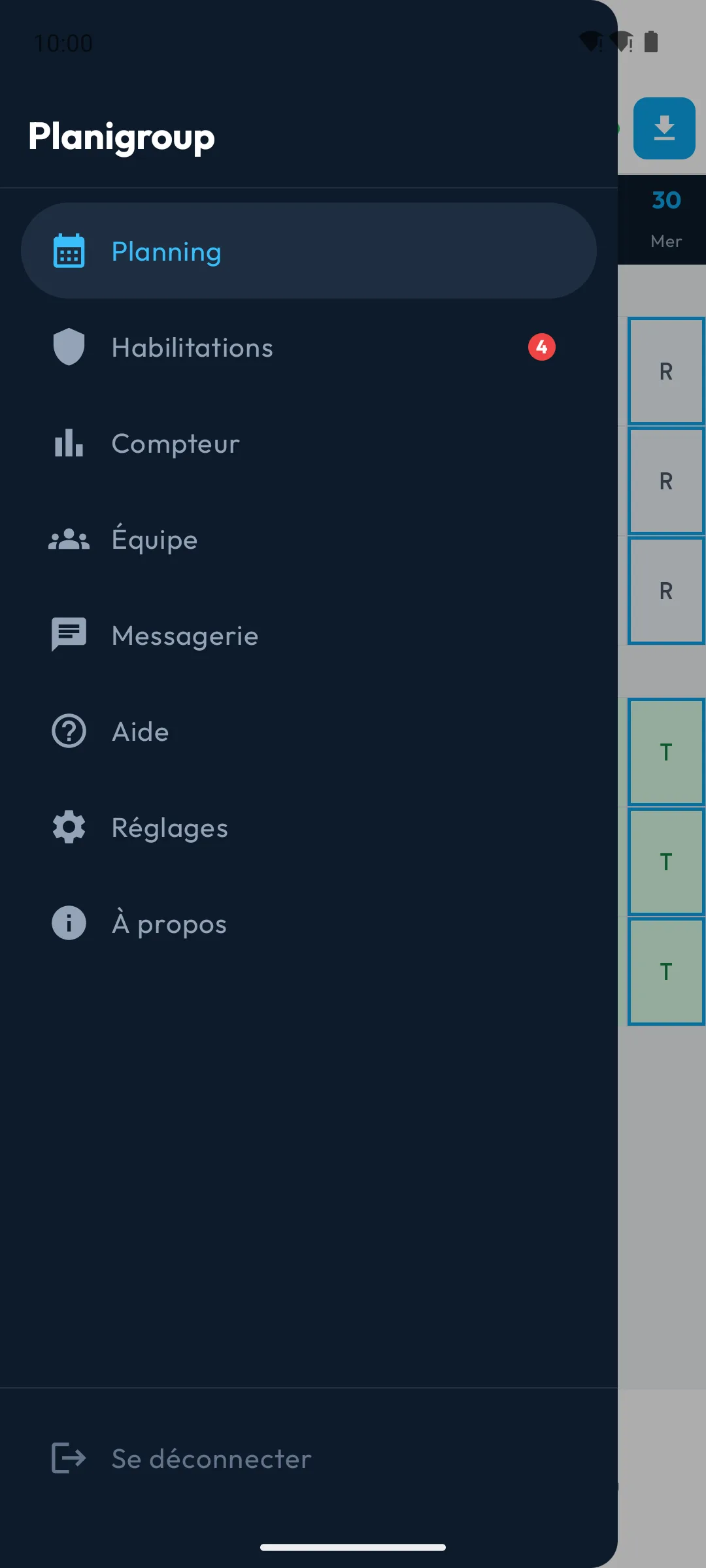 Menu de l'application en mode en ligne