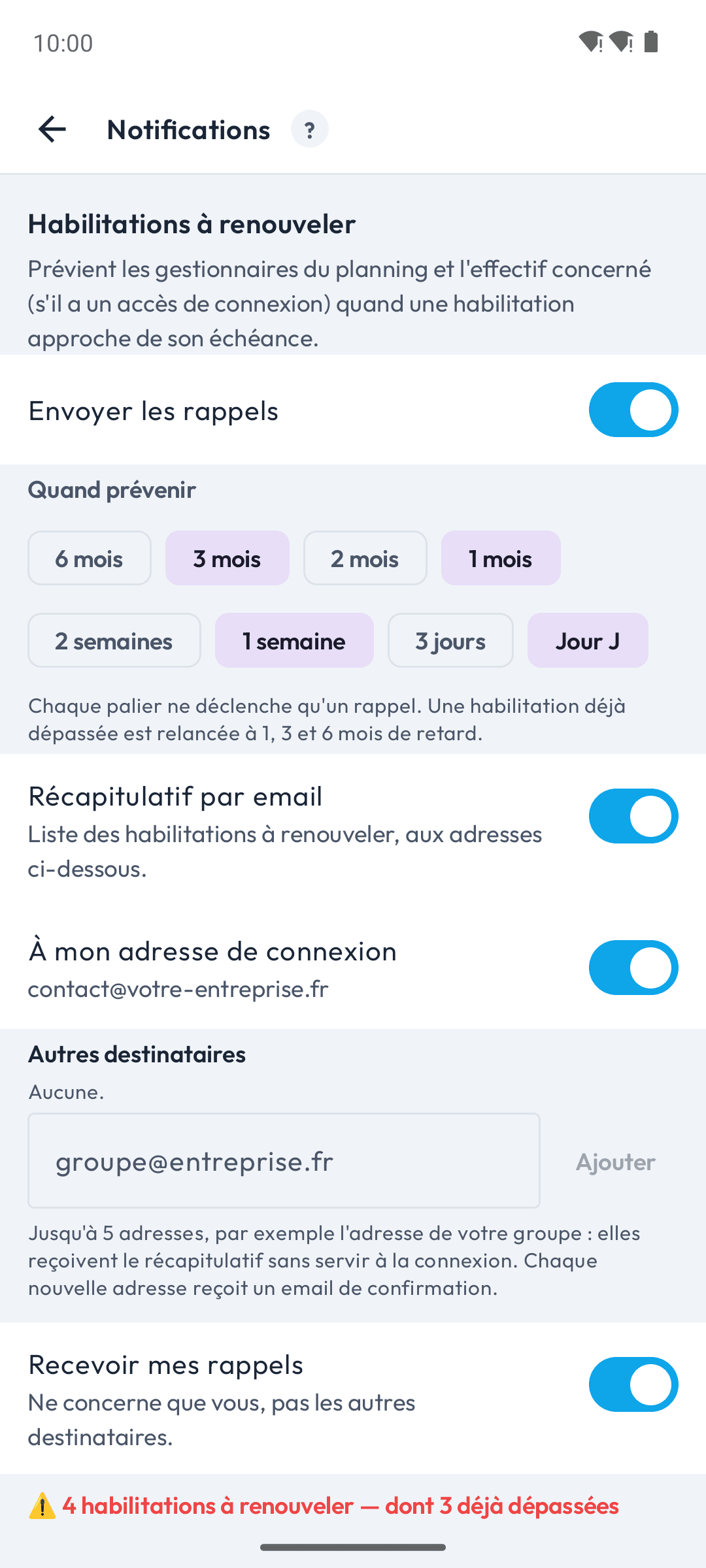 Réglages des rappels d'habilitation dans l'application