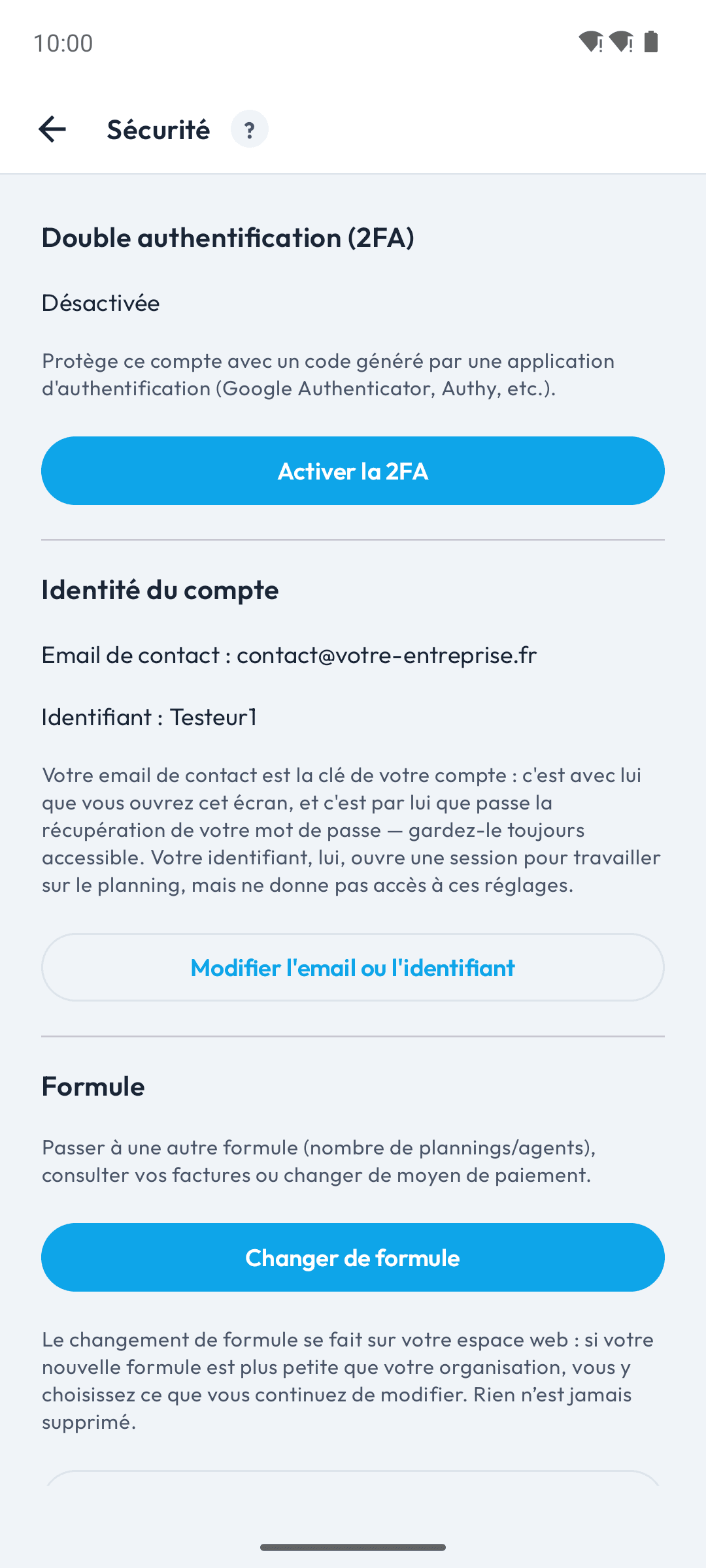 Écran Sécurité de l'application avec la double authentification, l'identité du compte et la formule